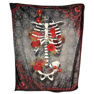 Gothic Skeleton Ribcage Rose Floral Damask Sherpa Fleece Throw Blanket Black Red